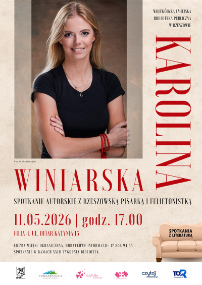 Grafika promująca spotkanie z Karoliną Winiarską 2026